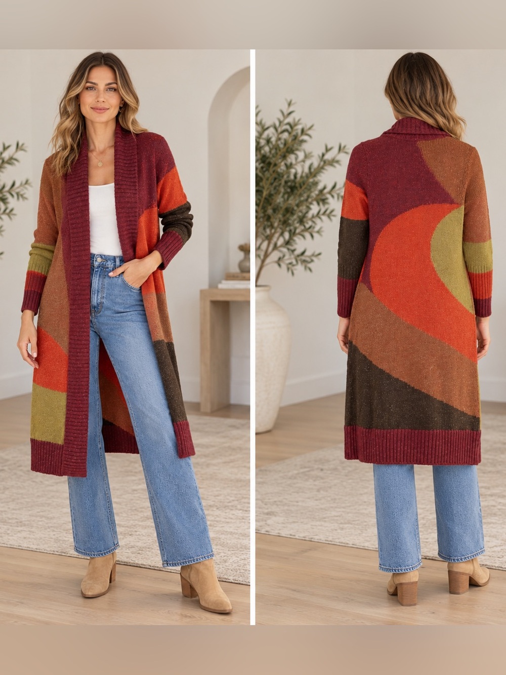 Chico’s Long Colorblock Cardigan Sweater Size 2 Large Boho Artsy